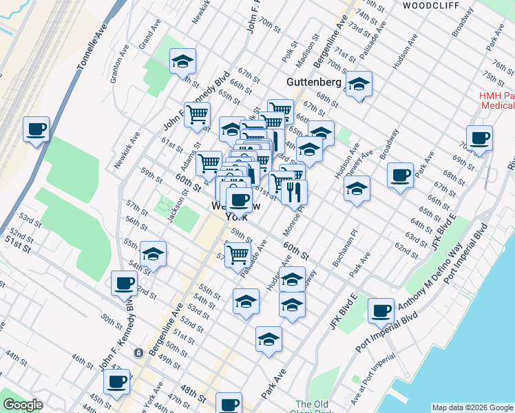 map of restaurants, bars, coffee shops, grocery stores, and more near 429 61st Street in West New York