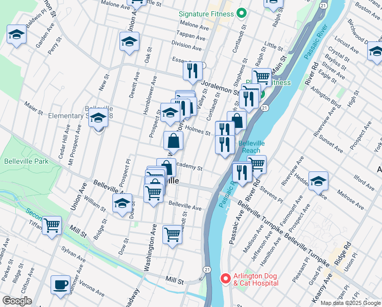 map of restaurants, bars, coffee shops, grocery stores, and more near 143 Valley Street in Belleville