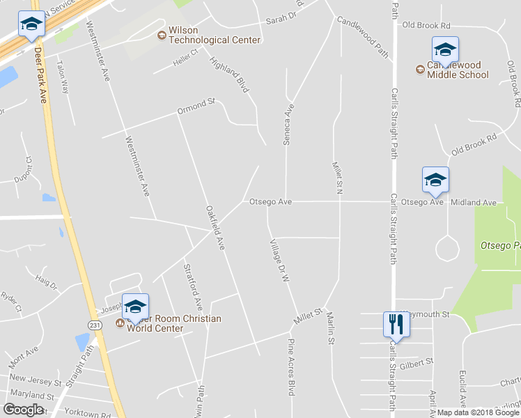 map of restaurants, bars, coffee shops, grocery stores, and more near 2 Village Drive West in Dix Hills