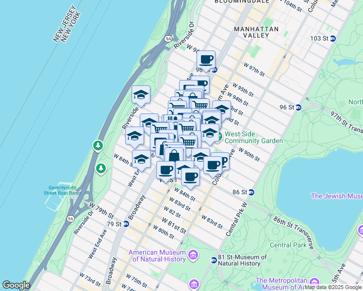 map of restaurants, bars, coffee shops, grocery stores, and more near 210 West 88th Street in New York