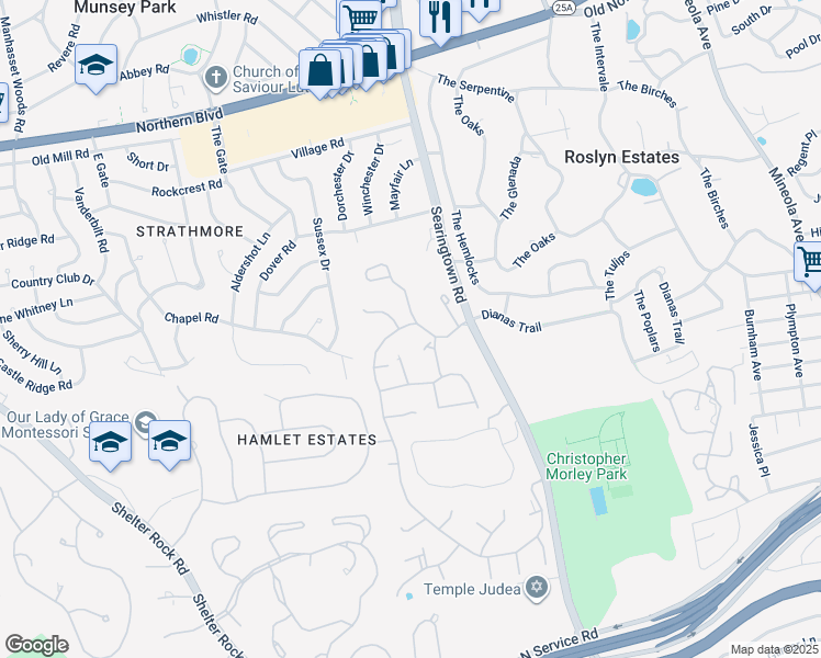 map of restaurants, bars, coffee shops, grocery stores, and more near 67 Estates Terrace North in Manhasset