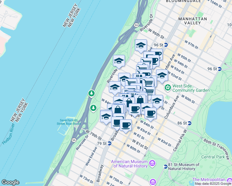 map of restaurants, bars, coffee shops, grocery stores, and more near 320 West 86th Street in New York