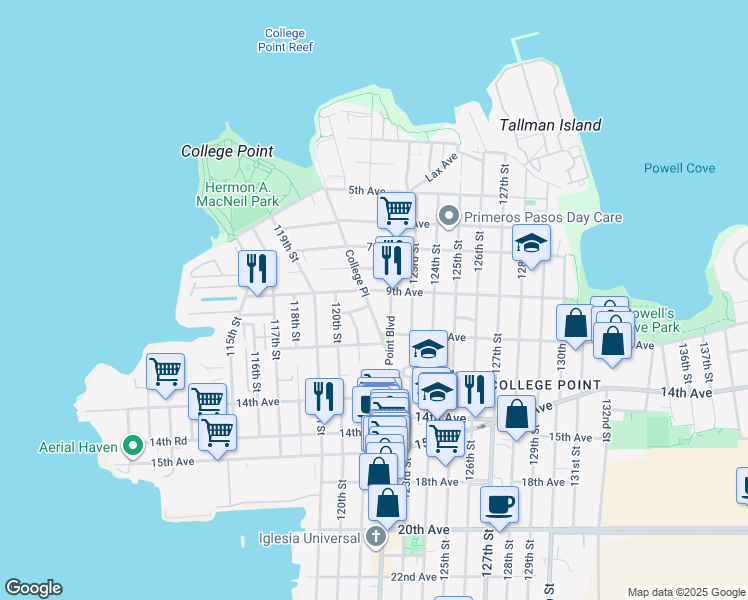 map of restaurants, bars, coffee shops, grocery stores, and more near 8-21 College Place in Queens