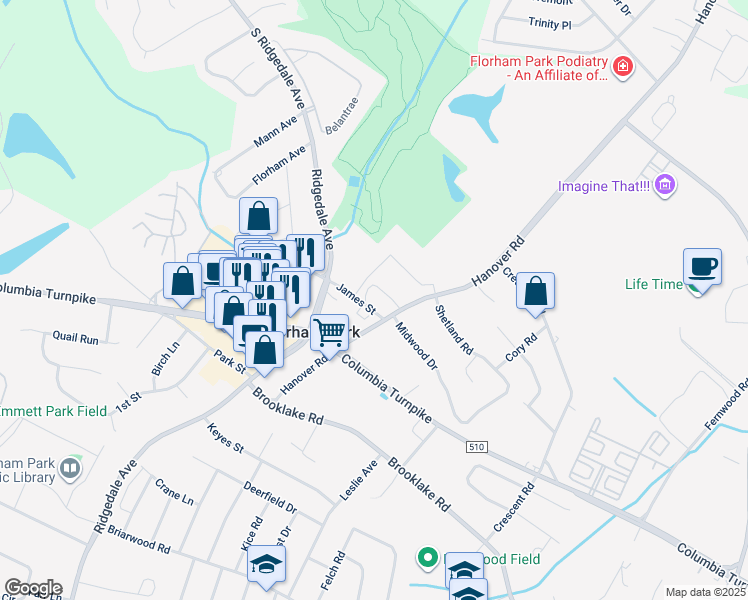 map of restaurants, bars, coffee shops, grocery stores, and more near 8 James Street in Florham Park