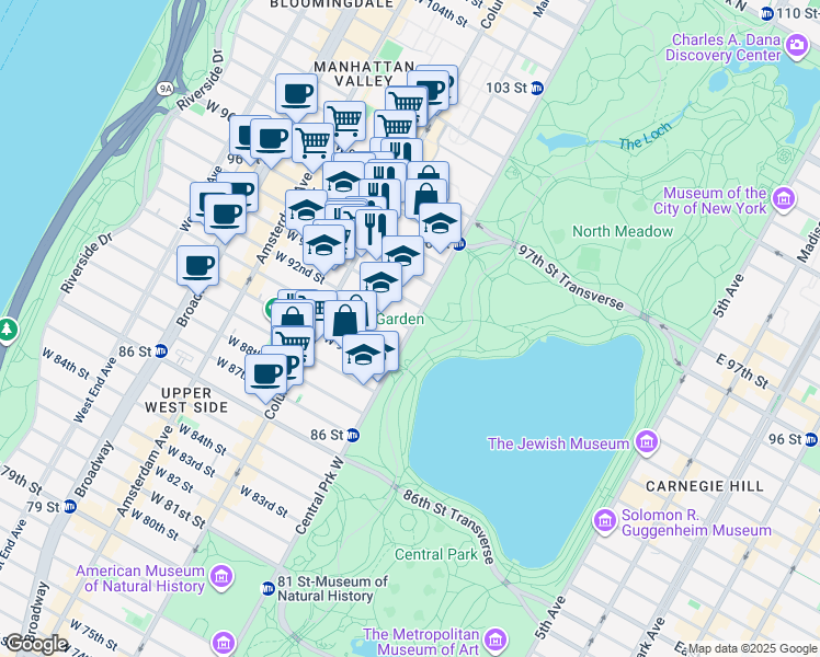 map of restaurants, bars, coffee shops, grocery stores, and more near 2 West 92nd Street in New York