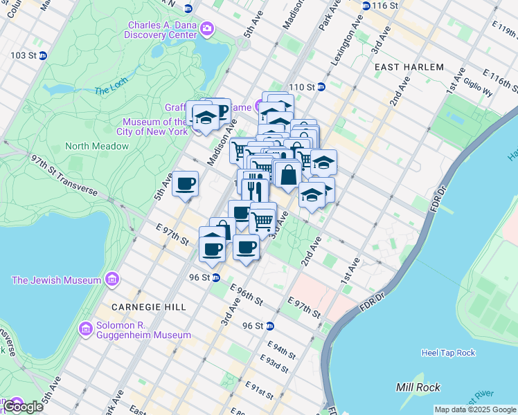 map of restaurants, bars, coffee shops, grocery stores, and more near 1595 Lexington Avenue in New York