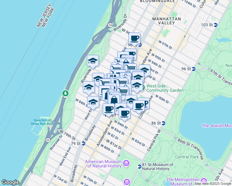 map of restaurants, bars, coffee shops, grocery stores, and more near 247 West 87th Street in New York