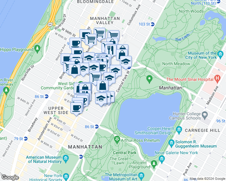 map of restaurants, bars, coffee shops, grocery stores, and more near 32 West 92nd Street in New York