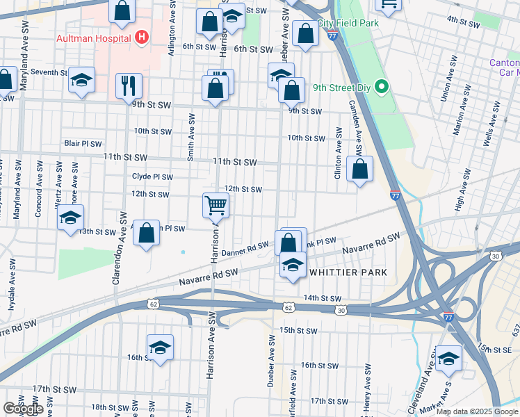 map of restaurants, bars, coffee shops, grocery stores, and more near 1229 Lawn Avenue Southwest in Canton