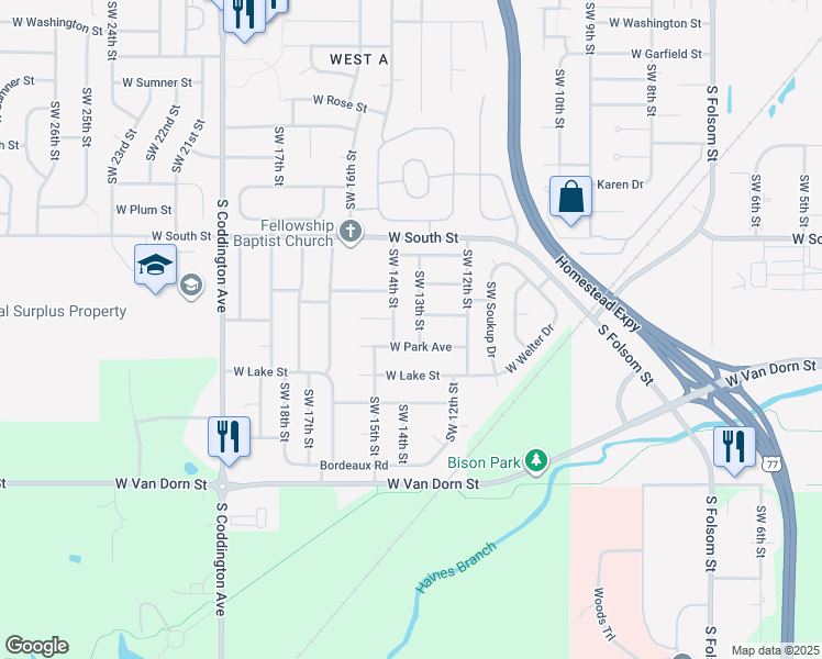 map of restaurants, bars, coffee shops, grocery stores, and more near 2340 Southwest 14th Street in Lincoln
