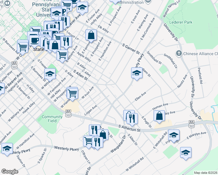 map of restaurants, bars, coffee shops, grocery stores, and more near 827 Old Boalsburg Road in State College