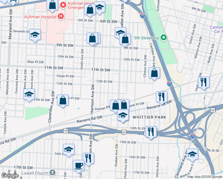 map of restaurants, bars, coffee shops, grocery stores, and more near 1219 Park Avenue Southwest in Canton