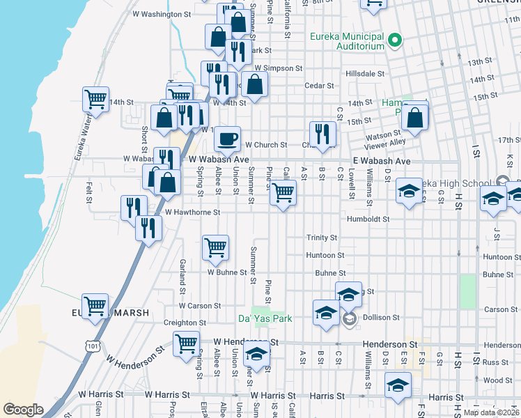 map of restaurants, bars, coffee shops, grocery stores, and more near 214 West Hawthorne Street in Eureka