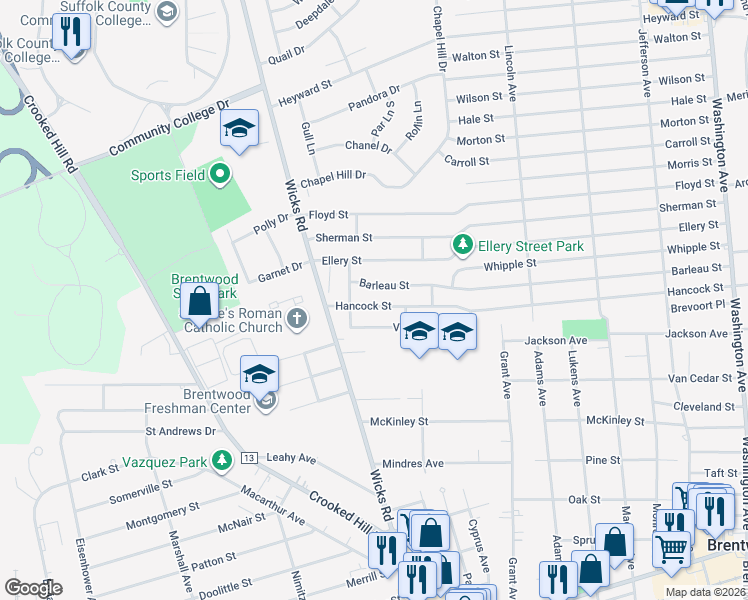 map of restaurants, bars, coffee shops, grocery stores, and more near 264 Barleau Street in Brentwood