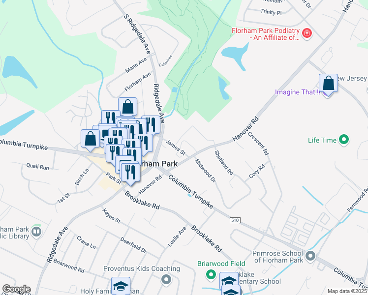 map of restaurants, bars, coffee shops, grocery stores, and more near 8 James Street in Florham Park