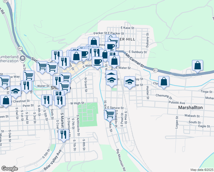 map of restaurants, bars, coffee shops, grocery stores, and more near 132 North Rock Street in Shamokin