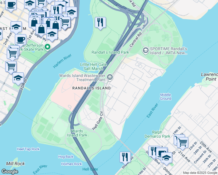 map of restaurants, bars, coffee shops, grocery stores, and more near 107 2nd Drive in New York