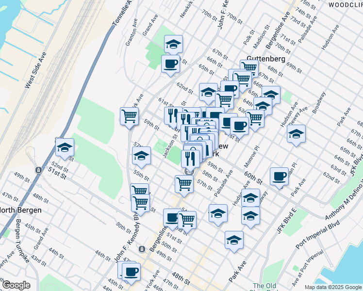 map of restaurants, bars, coffee shops, grocery stores, and more near 566 59th Street in West New York