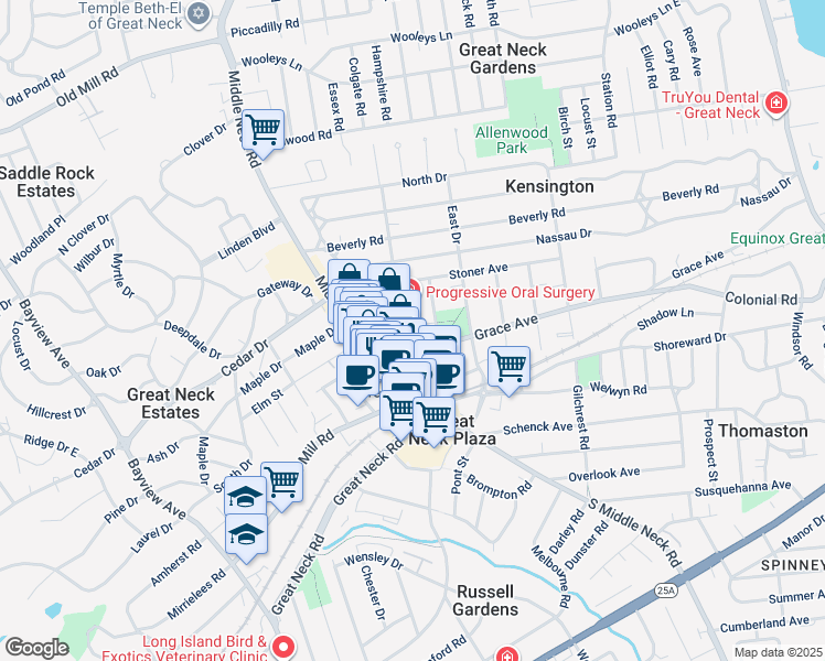 map of restaurants, bars, coffee shops, grocery stores, and more near 4 Maple Drive in Great Neck