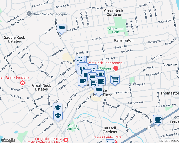 map of restaurants, bars, coffee shops, grocery stores, and more near 4 Maple Drive in Great Neck