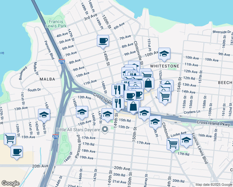 map of restaurants, bars, coffee shops, grocery stores, and more near 12-34 149th Street in Queens