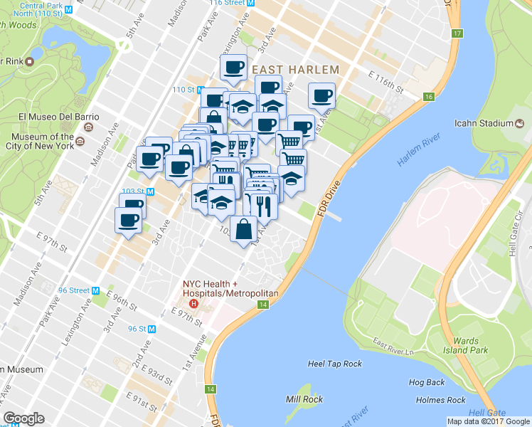 map of restaurants, bars, coffee shops, grocery stores, and more near 347 East 105th Street in New York