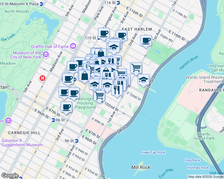 map of restaurants, bars, coffee shops, grocery stores, and more near 306 East 105th Street in New York