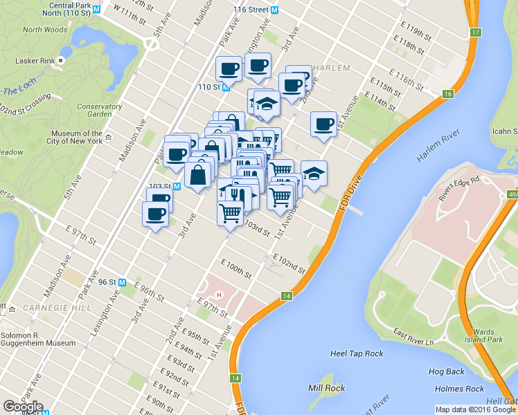 map of restaurants, bars, coffee shops, grocery stores, and more near 306 East 105th Street in New York