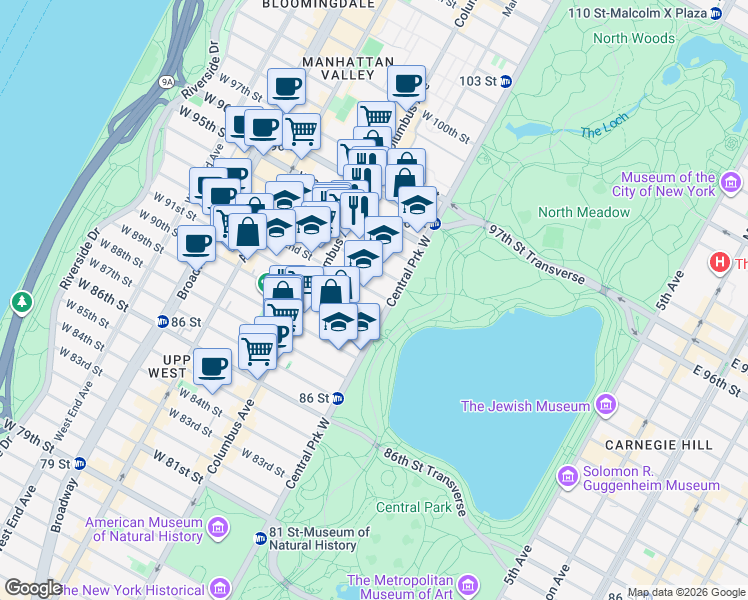 map of restaurants, bars, coffee shops, grocery stores, and more near 32 West 92nd Street in New York