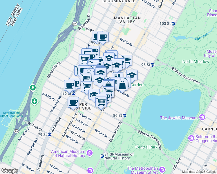 map of restaurants, bars, coffee shops, grocery stores, and more near 113 West 90th Street in New York
