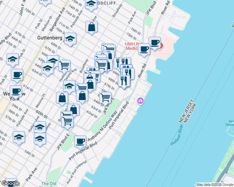 map of restaurants, bars, coffee shops, grocery stores, and more near 6609 JFK Boulevard East in West New York