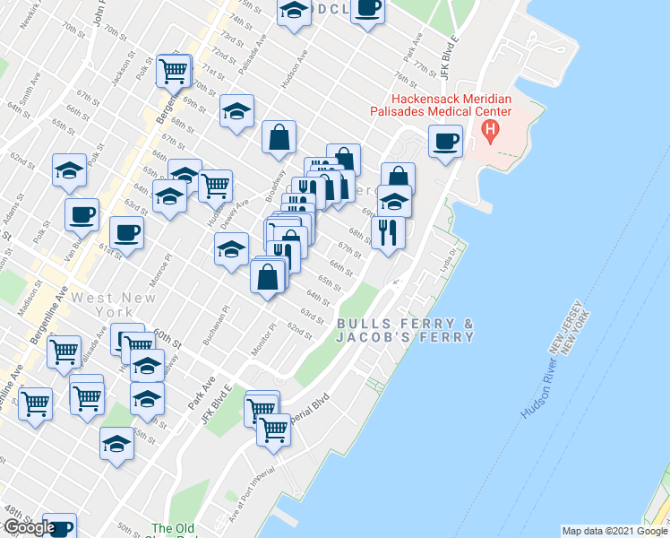 map of restaurants, bars, coffee shops, grocery stores, and more near 6612B Lincoln Place in West New York