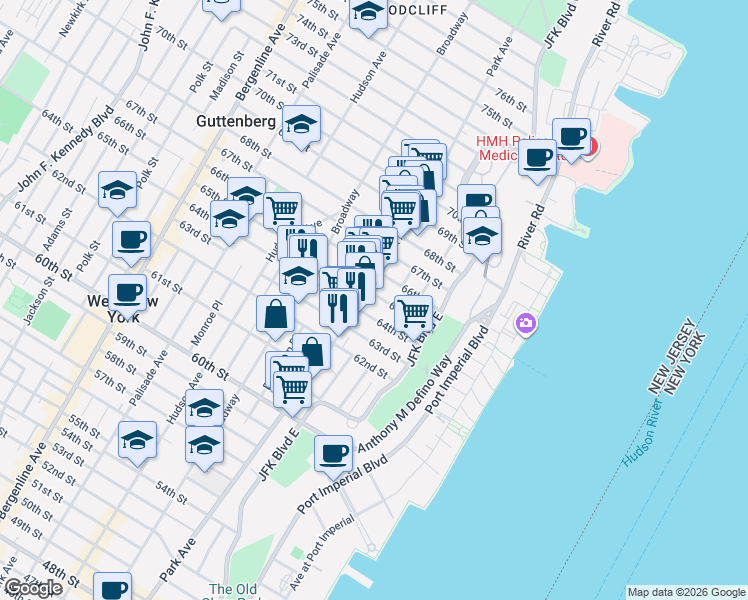 map of restaurants, bars, coffee shops, grocery stores, and more near 6509 Park Avenue in West New York