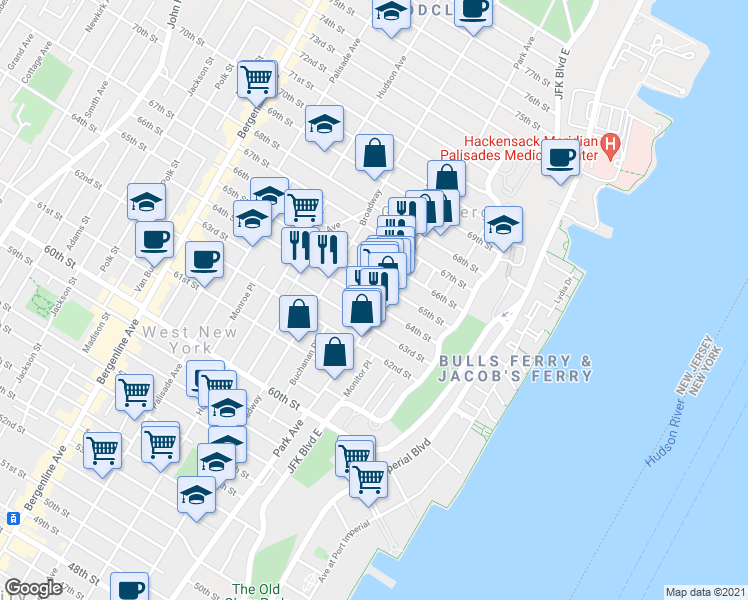 map of restaurants, bars, coffee shops, grocery stores, and more near 122 64th Street in West New York
