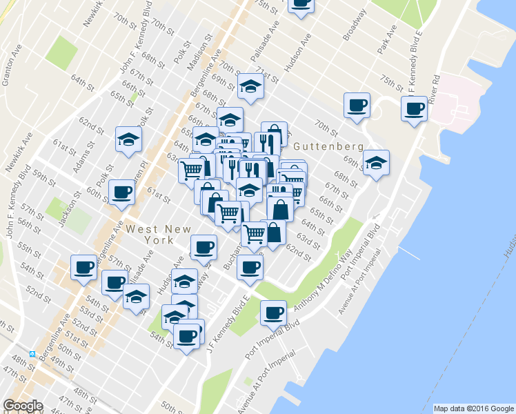 map of restaurants, bars, coffee shops, grocery stores, and more near 6304 Broadway in West New York