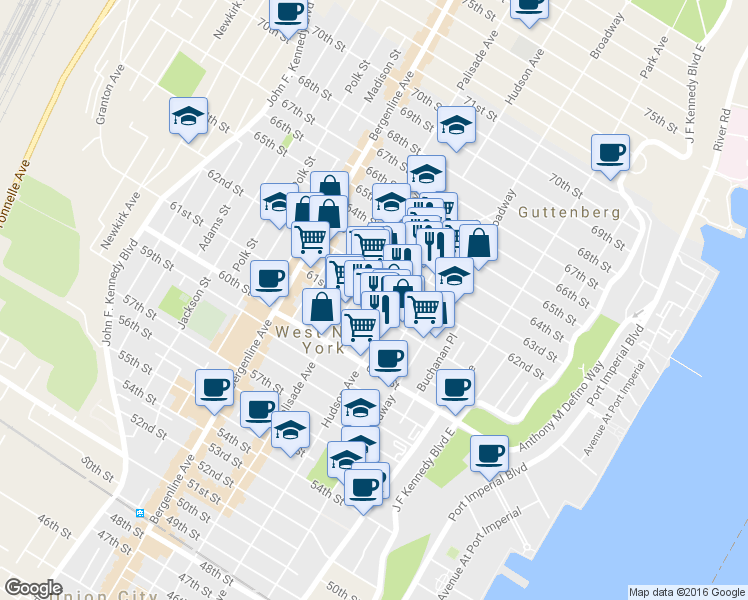 map of restaurants, bars, coffee shops, grocery stores, and more near 311 62nd Street in West New York