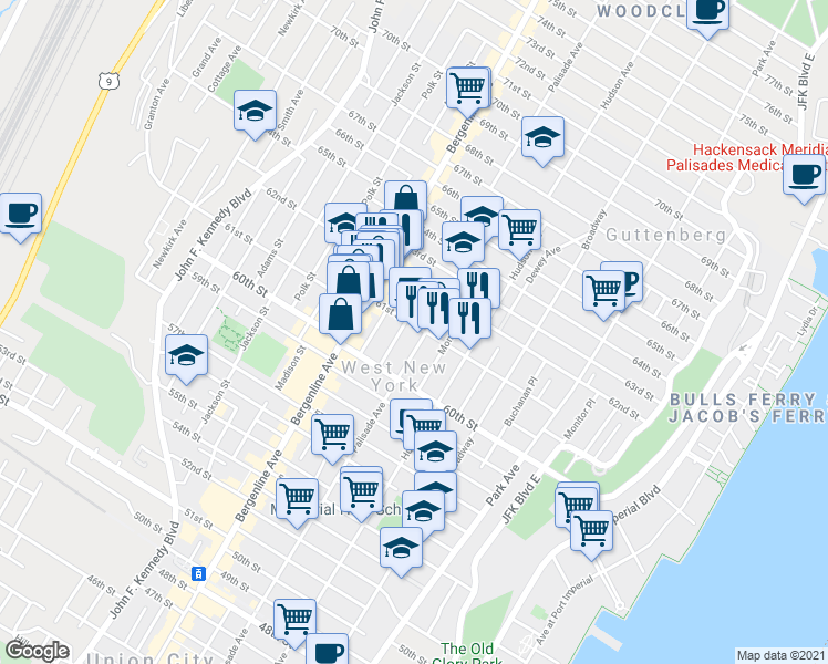 map of restaurants, bars, coffee shops, grocery stores, and more near 6107A Palisade Avenue in West New York