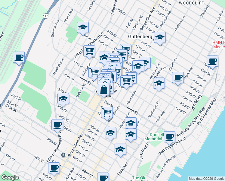 map of restaurants, bars, coffee shops, grocery stores, and more near in West New York