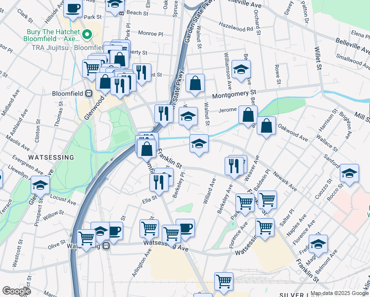 map of restaurants, bars, coffee shops, grocery stores, and more near 216 Newark Avenue in Bloomfield
