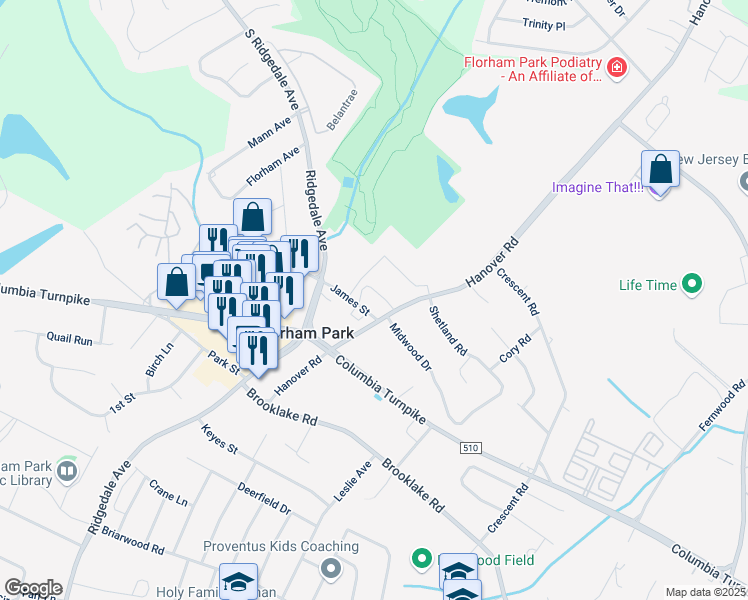 map of restaurants, bars, coffee shops, grocery stores, and more near 8 James Street in Florham Park