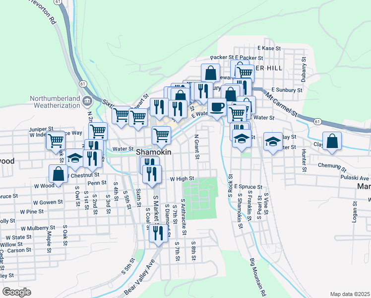 map of restaurants, bars, coffee shops, grocery stores, and more near 117 North 8th Street in Shamokin