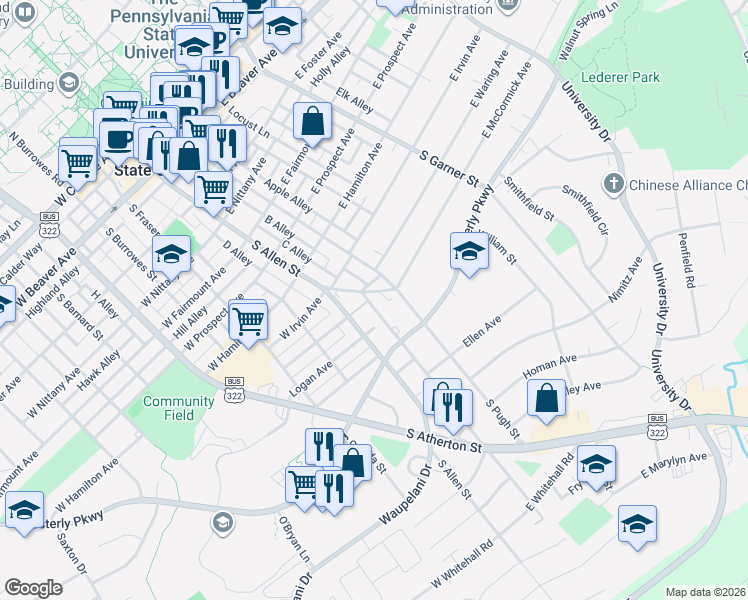map of restaurants, bars, coffee shops, grocery stores, and more near 827 Old Boalsburg Road in State College