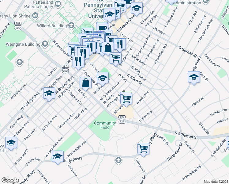 map of restaurants, bars, coffee shops, grocery stores, and more near 517 South Fraser Street in State College