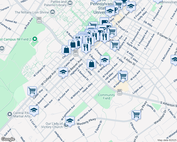 map of restaurants, bars, coffee shops, grocery stores, and more near 301 South Atherton Street in State College