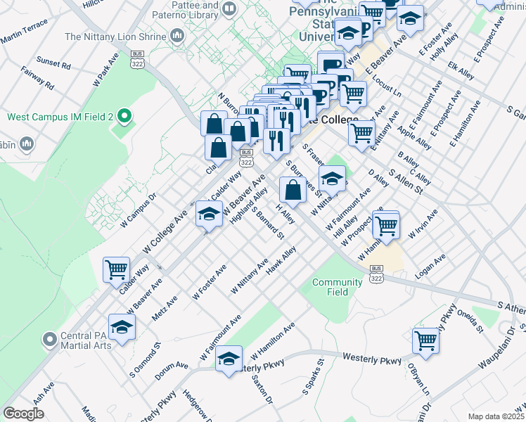 map of restaurants, bars, coffee shops, grocery stores, and more near 236 H Alley in State College