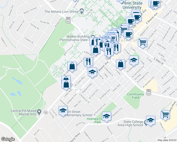 map of restaurants, bars, coffee shops, grocery stores, and more near 622 West College Avenue in State College