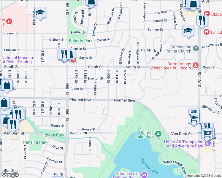 map of restaurants, bars, coffee shops, grocery stores, and more near 2309 South 61st Street in Lincoln