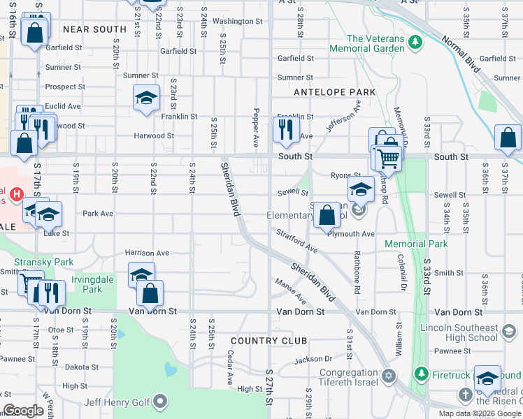 map of restaurants, bars, coffee shops, grocery stores, and more near 2317 South 27th Street in Lincoln