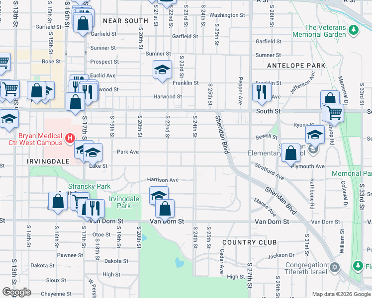 map of restaurants, bars, coffee shops, grocery stores, and more near 2247 Sewell Street in Lincoln