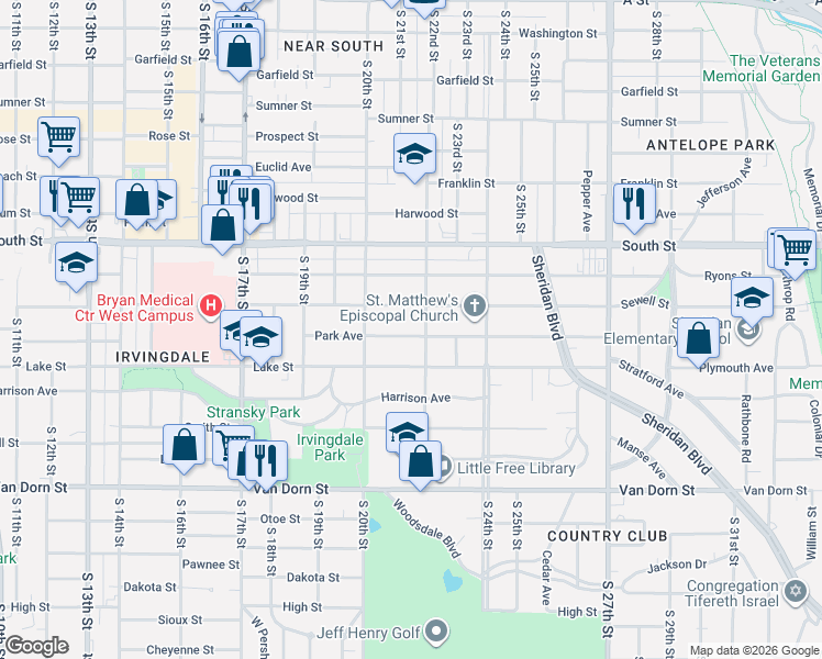 map of restaurants, bars, coffee shops, grocery stores, and more near 2323 South 22nd Street in Lincoln